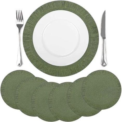 comfoyar Lot de 6 sets de table verts ronds tressés, antidérapants en papier tissé avec longues franges, résistant - Vert02 38x38 cm (1/5)