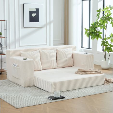 Modulares Sofa 172×87×64 cm aus beigefarbenem Cord mit Getränkehaltern – MEUBLIV (1/5)