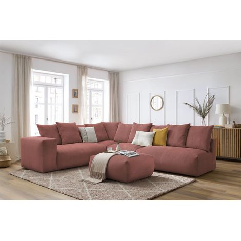 BOBOCHIC - Canapé d'angle fixe modulable VOLTAIRE avec 2 chauffeuses 2 places, 1 angle, 1 chauffeuse 1 place et 1 pouf Angle gauche Rose (1/5)