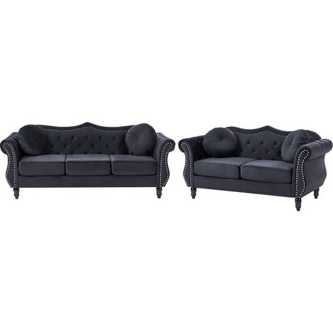 Conjunto de sala de estar en terciopelo negro 2 plazas 3 plazas apoyabrazos enrollados cojines estilo glam Skien (1/5)