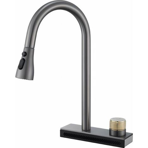 Robinet cuisine extractible mitigeur noir gris, douchette rétractable 360°, sortie cascade pivotante, eau chaude froide réglable, pour évier moderne (1/4)