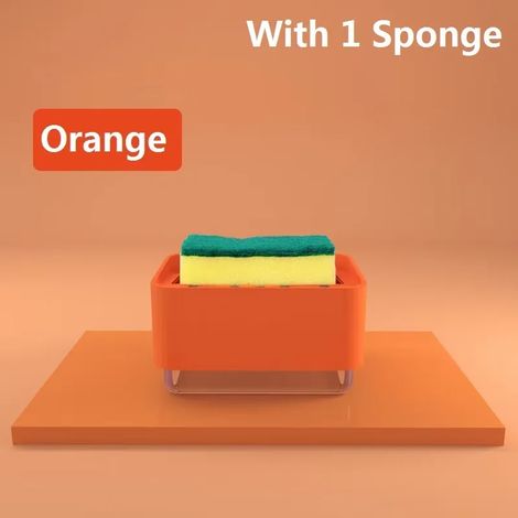 Distributeur de liquide vaisselle (rouge orangé) 320 ml pour la cuisine, avec porte-éponge et pompe doseuse. (1/5)