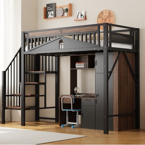 Letto a soppalco 90x200 cm nero in metallo e legno con scala contenitore e barriera di sicurezza (1/5)