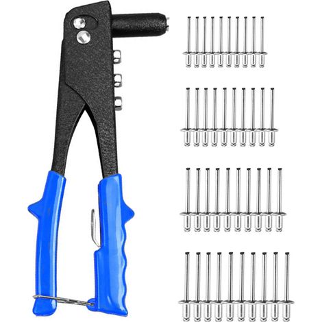Kit de rivets robuste, riveteuse manuelle à une main avec 40 rivets et 4 têtes interchangeables (3/32 po, 1/8 po, 5/32 po, 3/16 po) pour métaux, applications automobiles et ferroviaires (bleu). (1/5)