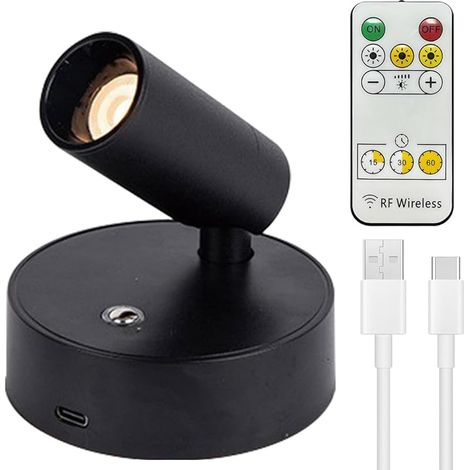 Spot LED sans fil - Batterie rechargeable par USB - Avec télécommande - 3 températures de couleur - Intensité variable - Lampe murale rotative avec fonction de minuterie - Pour art, plantes, portraits (1/5)