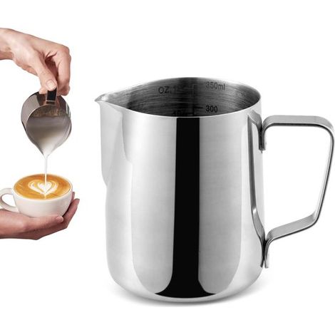 Jarra para espumar leche, Jarras para espumar leche, Acero inoxidable, Barista, Jarra de leche, Jarra de leche, Arte latte, Plateado, 350 ml (1/5)