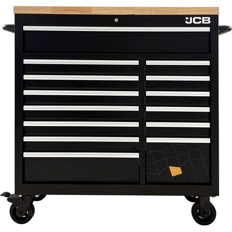 JCB Werkstattwagen bestückt 299tlg Holzarbeitsplatte 14 Schubladen Werkzeugwagen (1/5)