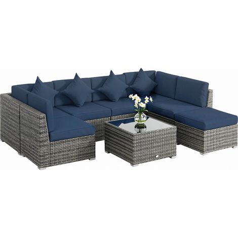Outsunny 8 Pieces Patio Rattan Sofa Set Garden Furniture Set for Outdoor Dark Blue (1/5)