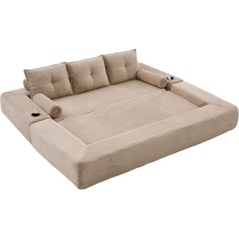 Canapé convertible 3 places en tissu velours côtelé kaki avec coussins mémoire, poches latérales et porte-gobelet, couchage d'appoint rapide pour salon, CHICFURN (1/5)
