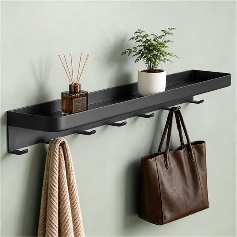 Mai & Mai Mensola da Parete con 7 Ganci, Mensola Doccia in Metallo, Installazione con Foratura o Adesivo, Mensola da Appendere per Bagno, Cucina, Ingresso e Camera da Letto, 50cm, Nero, Reglo-20 (1/5)