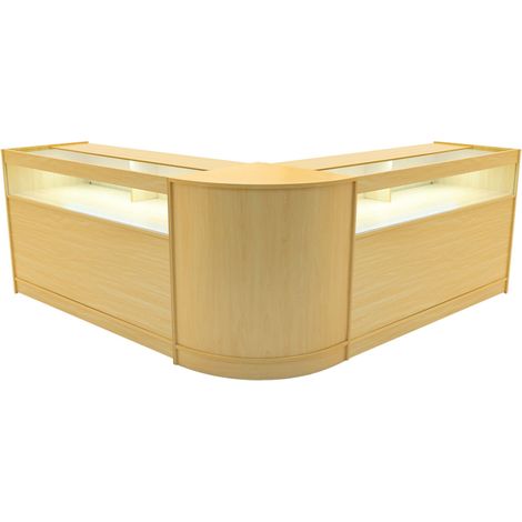 Set Mostradores Comerciales "IRIS"  Arce  2x B1500+1xCM60  MDF y vidrio templado  Estantes y puertas corredizas con cerradura  Fácil Montaje  Mostrador Recepción Expositor Comercial Mesa