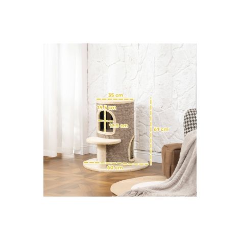 Arbre à chat tonneau beige à 2 niveaux avec plateforme de saut, poste d'observation et tapis à griffer pour salon et chambre (1/5)
