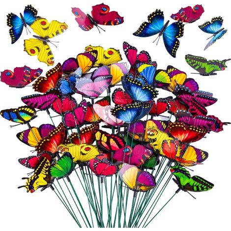 50 künstliche Gartenschmetterlinge, 8 cm, wasserfest, für die Dekoration im Innen- und Außenbereich, Blumenarrangements und Blumenbeete