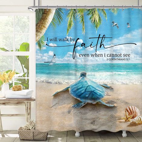 – Rideau de douche tortue de plage avec verset biblique 152,4x182,9 cm bleu rustique océan bleu tortue de mer animal été scène côtière salle de bain été scène décoration de bain imperméable (1/5)
