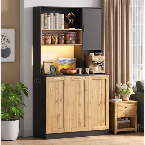 Mobile alto da cucina 100/40/180 cm naturale e nero, con LED RGB e prese integrate (1/5)