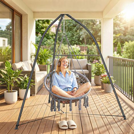 Noir - Support pour chaise suspendue triangulaire doté de chaîne réglable Base stable pour patio Charge jardin 150 kg (1/4)