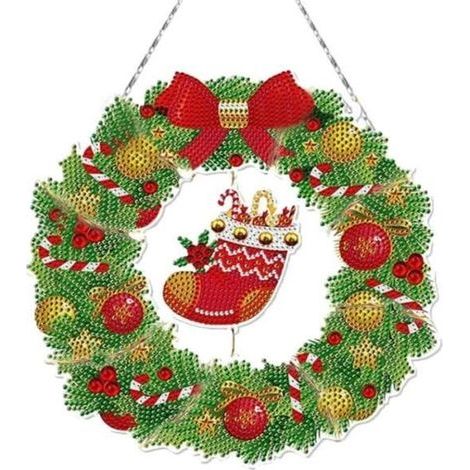 HONORNIC - Peinture diamant de Noël,ornements suspendus fait à la main de DIY Noël,décoration guirlande de porte fenêtre maison,pour nouvel an (1/4)