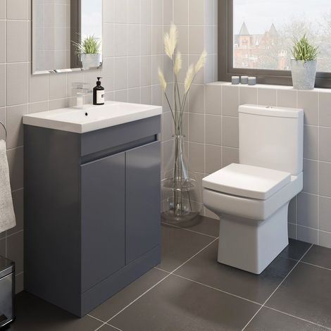 Bathroom Vanity Unit Basin Sink Soft Close Square Toilet 600mm Modern Gloss Grey (1/5)