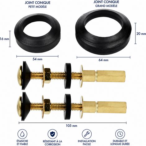 Kit de boulons de fixation cuivrés pour réservoir WC avec écrou surélevé 04 et joints mousse 2/3 04 2 3 280 g – Livraison gratuite