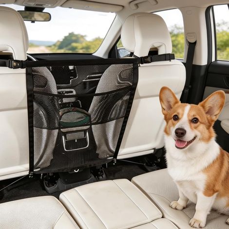 Grille pour chien de voiture avec poches de rangement, filet de séparation pour chien pour siège avant, organiseur en filet de voiture, barrière universelle pour siège arrière, barrière pour chien (1/5)