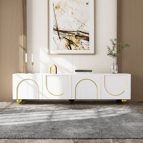 Pergar – Meuble TV scandinave 170x38x44 cm – Portes texturées avec bordures dorées – Pieds ronds dorés – Rangement spacieux avec étagères (1/5)