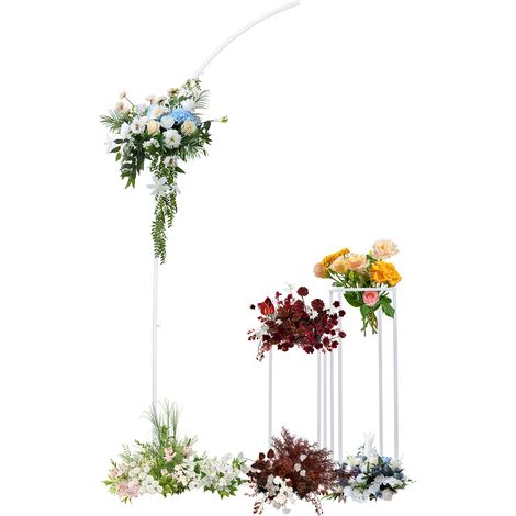 Support de décoration mariage en métal blanc 3 pièces, arche courbe de 2 m de hauteur + 2 supports à fleurs rectangulaires, pour fête, cérémonie, anniversaire et événement (1/5)
