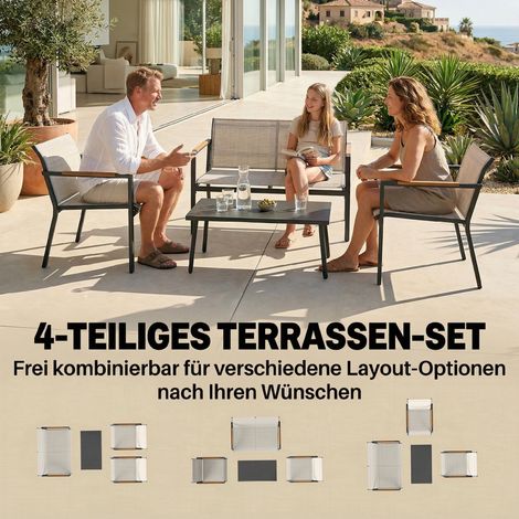 Salon de jardin 4 places, ensemble mobilier extérieur comprenant canapé 2 places, 2 fauteuils, table métal et repose-pieds. (1/4)