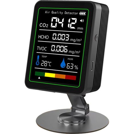 Moniteur de formaldéhyde 5 en 1 avec support Détecteur de dioxyde de carbone rechargeable par USB Détecteur TVOC Température Humidité Moniteur de qualité de l'air domestique (Noir) (1/5)