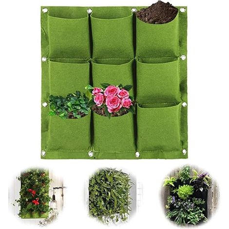 Bolsa para plantas de pared, bolsa colgante para macetas, maceta vertical, decoración de pared vertical de fieltro para jardín interior (9 bolsillos, verde) (1/4)