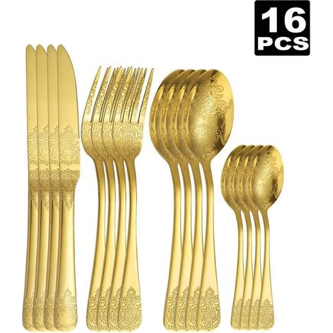Ensemble de couverts en acier inoxydable (16 pièces, couleur or), adapté aux cuisines et salles à manger. (1/5)
