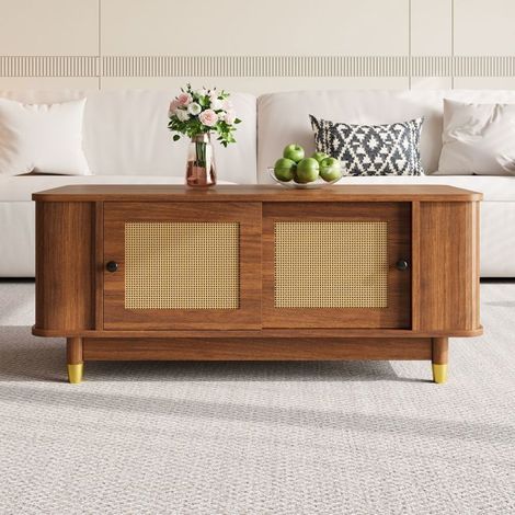 Table basse, design moderne effet bois, table basse salon avec rangement, portes coulissantes en rotin (1/5)