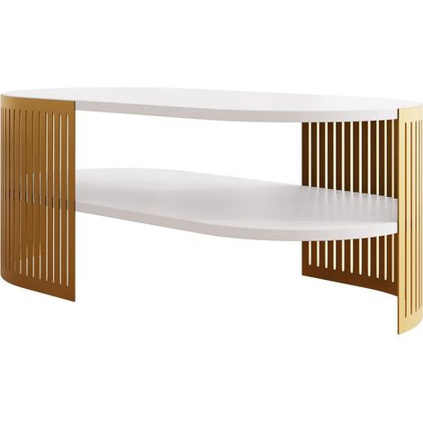 Mesa de centro Civer VII, Dorado + Blanco, 40x50x100cm, Diámetro: 0, Aglomerado laminado, Ovalada