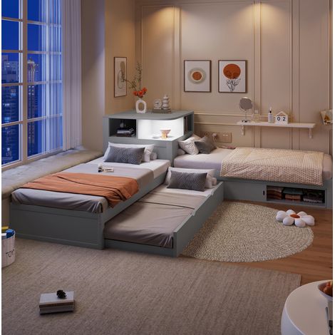 Cama infantil 90x200 con cama nido, almacenaje deslizante y luz nocturna, gris HAVRYA (1/5)