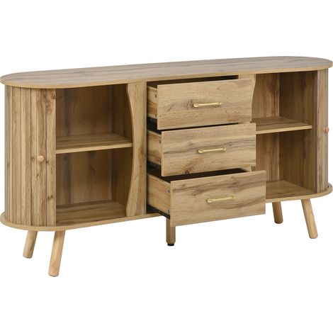 Buffet en forme de pois avec effet rainuré, deux portes coulissantes + trois tiroirs, compartiments réglables en hauteur, pieds en bois massif, aspect bois, matériau MDF, style scandinave moderne