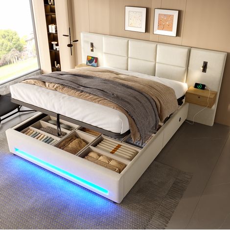 DESVIAE Lit rembourré européen 180 x 200 cm en velours beige avec tête de lit à rangement éclairage led ports usb c et coffre hydraulique (1/5)