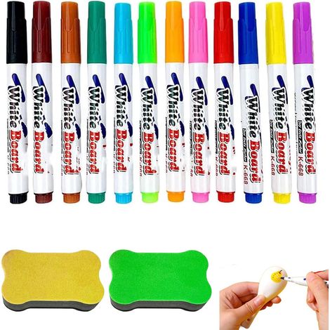 12 Pcs Feutre Tableau Blanc Effacable, Stylos Magiques Flottants Pointe Fine, Couleurs Vives et Encre Effaçable à Sec pour Tableau Blanc, Ardoise et Verre, avec Effaceurs Inclus, Traits Nets (1/5)