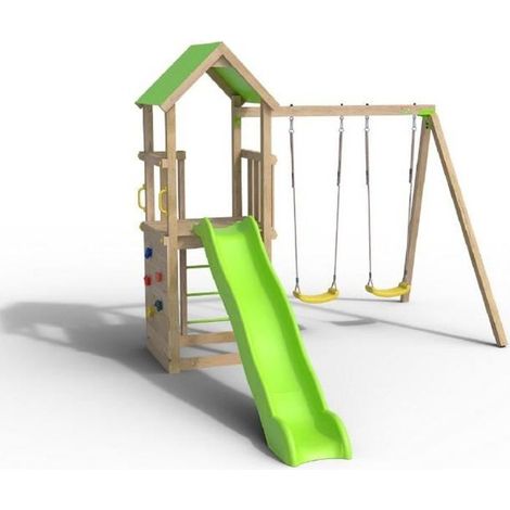Trigano – Aire de jeux en bois avec bac à sable – Mur de grimpe et toboggan 2,63m – Pour 7 enfants – Sécurisée et durable (1/10)