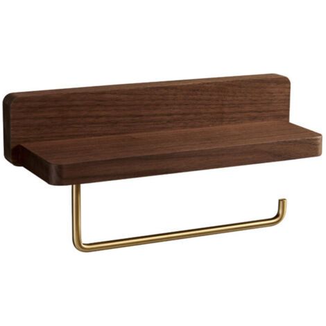 Porte-Papier Toilette Bois avec pour Étagère, Porte-Papier Toilette Support Mural (Auto-Adhésif ou à Percer), Double Porte-Papier Toilette avec Laiton de Qualité Crochets pour Cuisine et Salle de Bain (1/4)