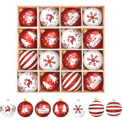 Weihnachtskugeln Kunststoff Christbaumschmuck,16PC Christbaumkugeln Weihnachtsbaumschmuck Deko Weihnachten, Weihnachtsbaum Kugeln mit Schlüsselband, Rot Weiß Weihnachtsdeko (1/5)