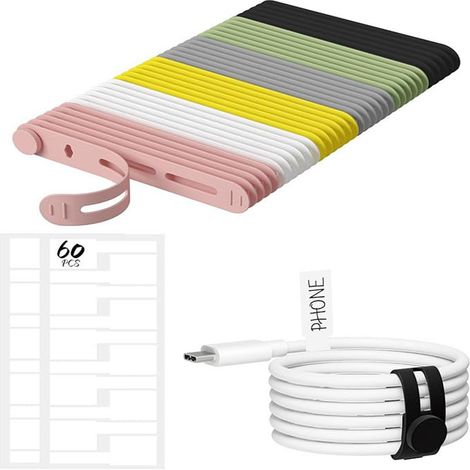 30 afixes de câble réutilisables et 60 étiquettes, connecteur réglable en silicone pour le rangement des câbles (1/5)