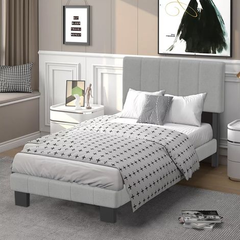 Lit adulte 90x200 cm,lit simple, Lattes de bois élargies pour le soutien, Montage Facile, pour Petits Espaces, Chambre d’Amis, Chambre Ado, Gris (1/5)