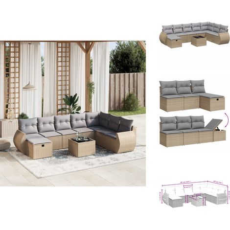 9-tlg. Garten-Sofagarnitur mit Kissen Beige Poly Rattan - Gartenmöbel Set - Outdoor Lounge - Rattan Gartenset - Gartenlounge - Esstisch Set (1/4)