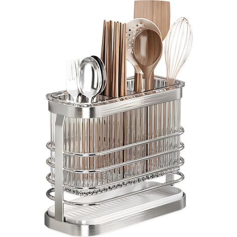 egouttoir couverts, Pot Ustensiles Cuisine, Porte Ustensiles Cuisine, Panier à Couverts en Acier Inoxydable avec Trois Compartiments et égouttoir, Mural,Installation Sans Trou,Amovible, Argent (1/5)