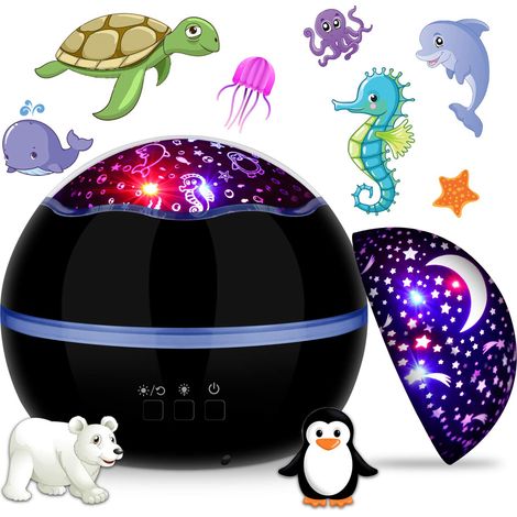 Projecteur océan avec ciel étoilé, veilleuse, rotation à 360°, noir, pour enfants. (1/5)