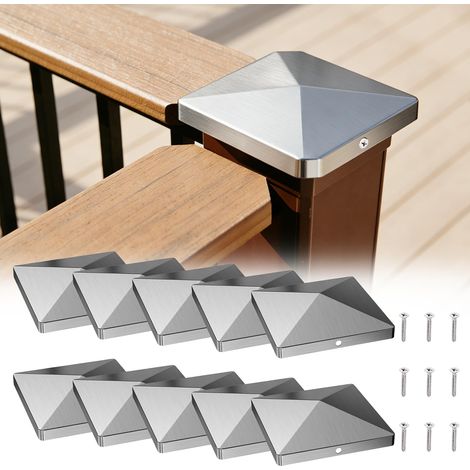 Lot de 10 capuchons de protection pour poteaux de clôture en acier inoxydable - Forme pyramide - Résistants aux intempéries - 10 x 10 cm (1/5)