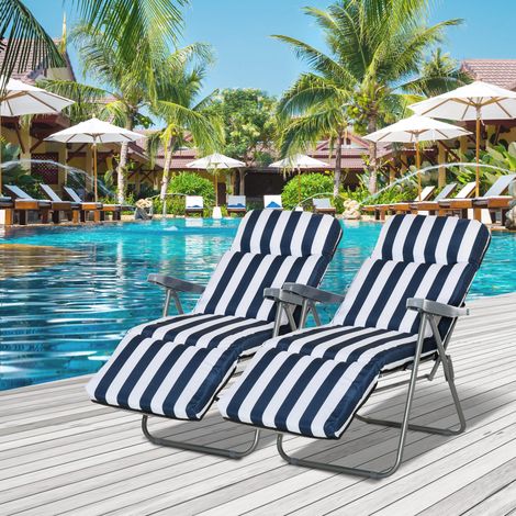 Lot de 2 chaises longues réglables, pliantes, transat de jardin avec coussin, acier bleu et blanc (1/5)
