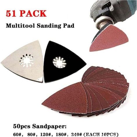 51 Pièces Patin Ponçage Triangle Universel 80 mm Multi-Outil avec 5 Types Papier Abrasif (1/4)
