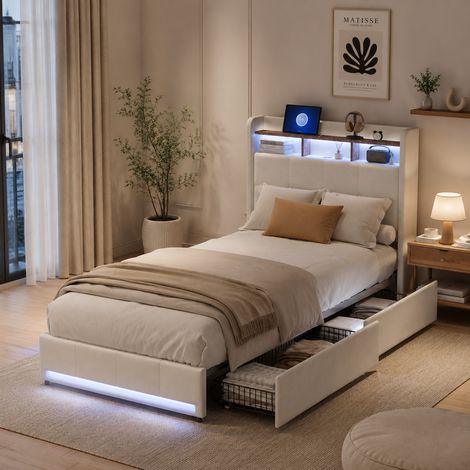 Lit coffre 90x200 cm avec 2 tiroirs, lit simple capitonné,Tête de lit avec USB et port LED,Sommier à lattes en bois,Cadre métal lin Beige (1/5)