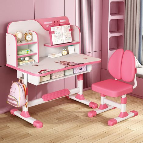 WILITTO Bureau d'étude pour enfants chaises ensemble, hauteur réglable, forme ergonomique pour une posture saine, 111 × 80 × 54 cm, Rose