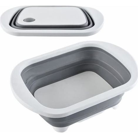 SABIR-Planche à découper pliante multifonctionnelle, panier d'égouttage, bloc à découper portable, gris et blanc (1/4)